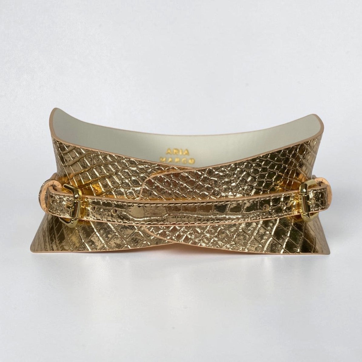 Aria Margo gold croc-embossed Italian leather slim corset belt with a textured finish and buckle detail.