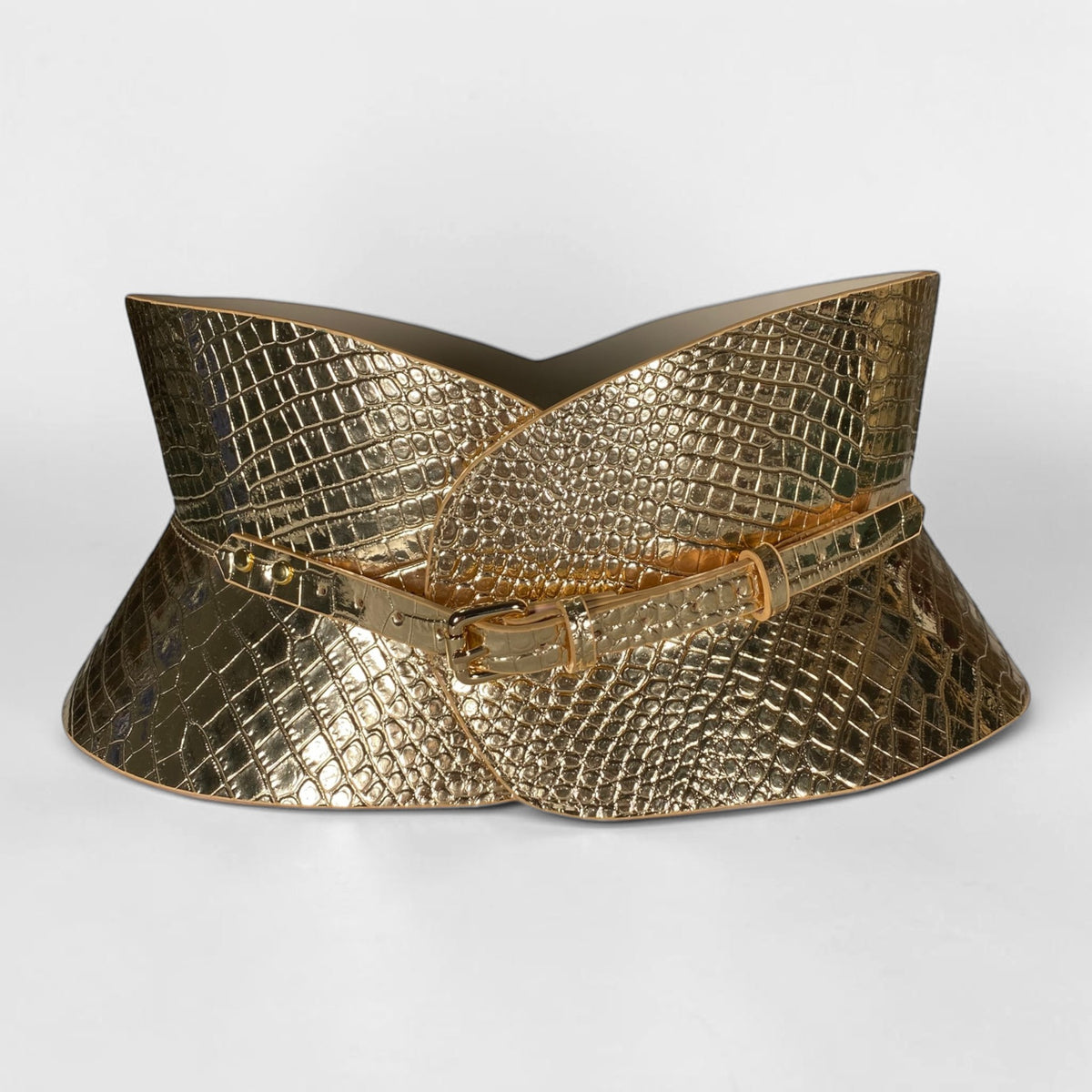 Aria Margo gold croc-embossed leather hourglass corset belt with a slim buckle and structured silhouette.