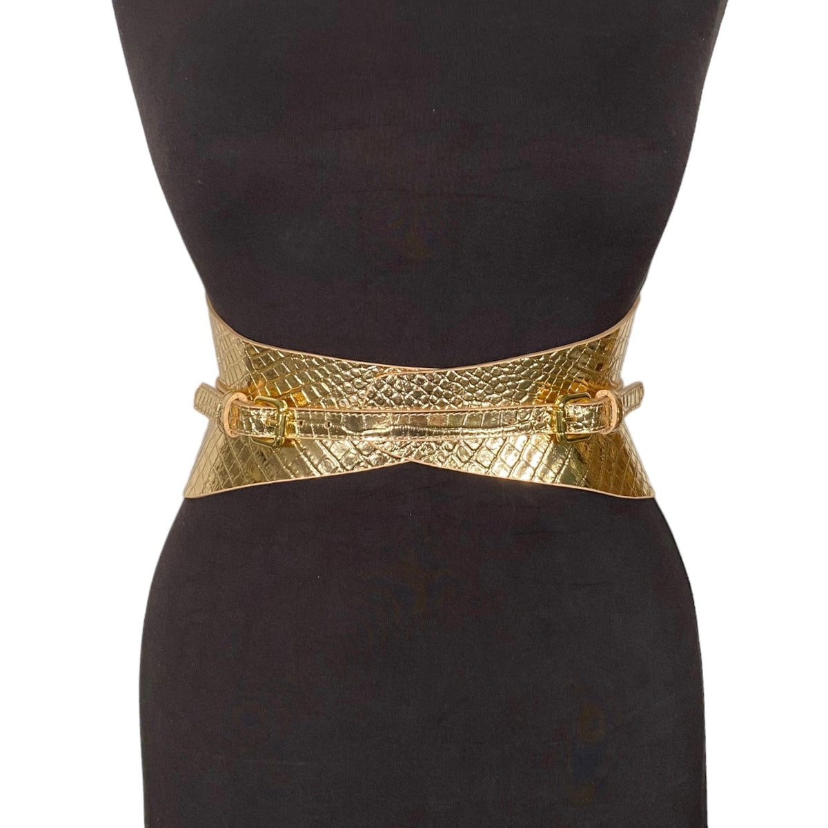 Aria Margo gold croc-embossed Italian leather slim corset belt with dual buckle detail on a mannequin