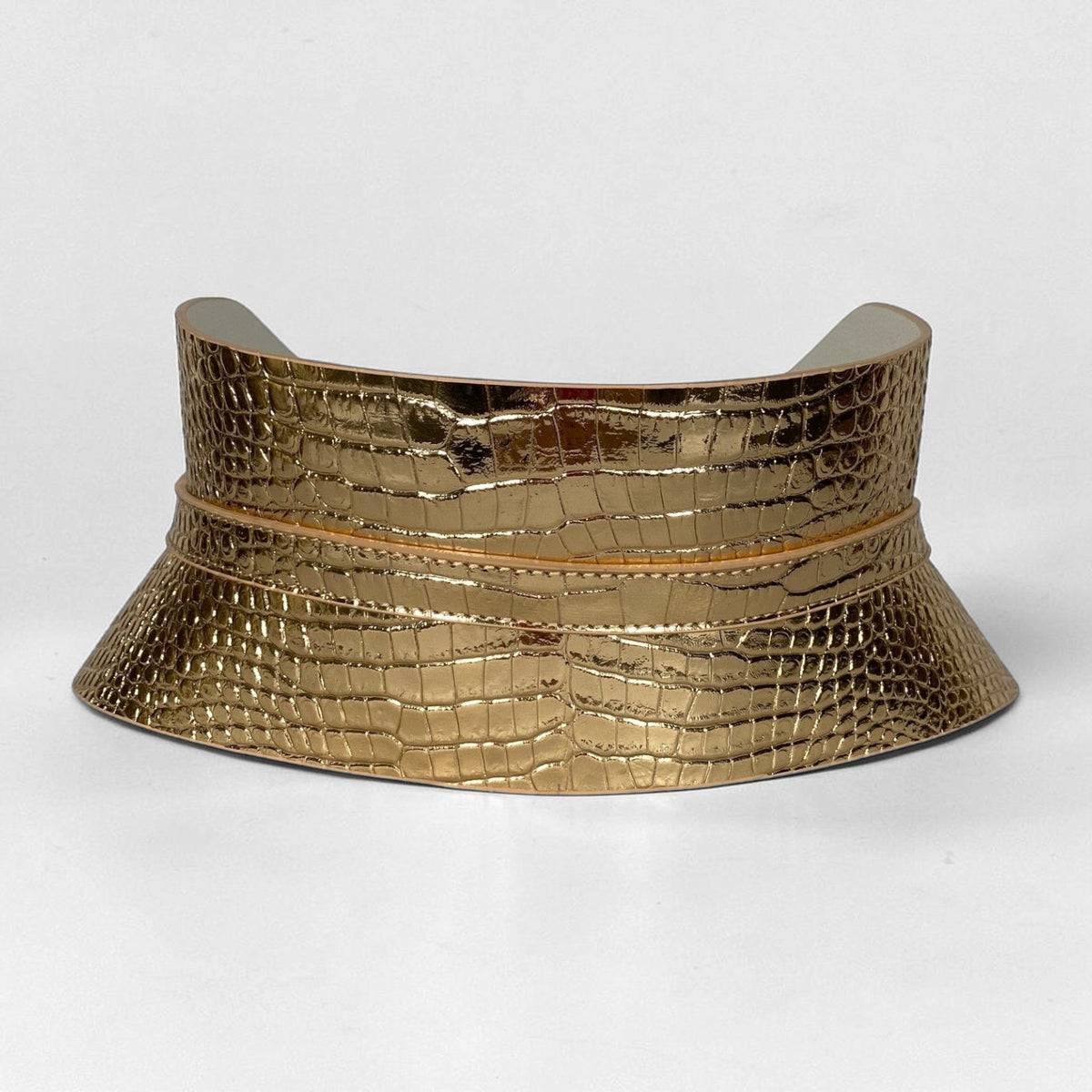 Aria Margo slim corset belt in gold croc-embossed Italian leather with a structured waist-defining design.