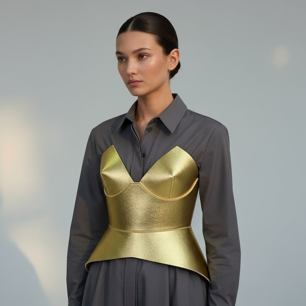 Aria Margo gold metallic leather full body corset belt worn over a grey button-down shirt for a structured look.