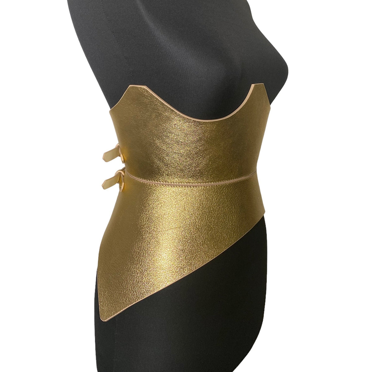 Aria Margo gold metallic Italian leather corset belt with a sculpted hourglass silhouette and back buckles.