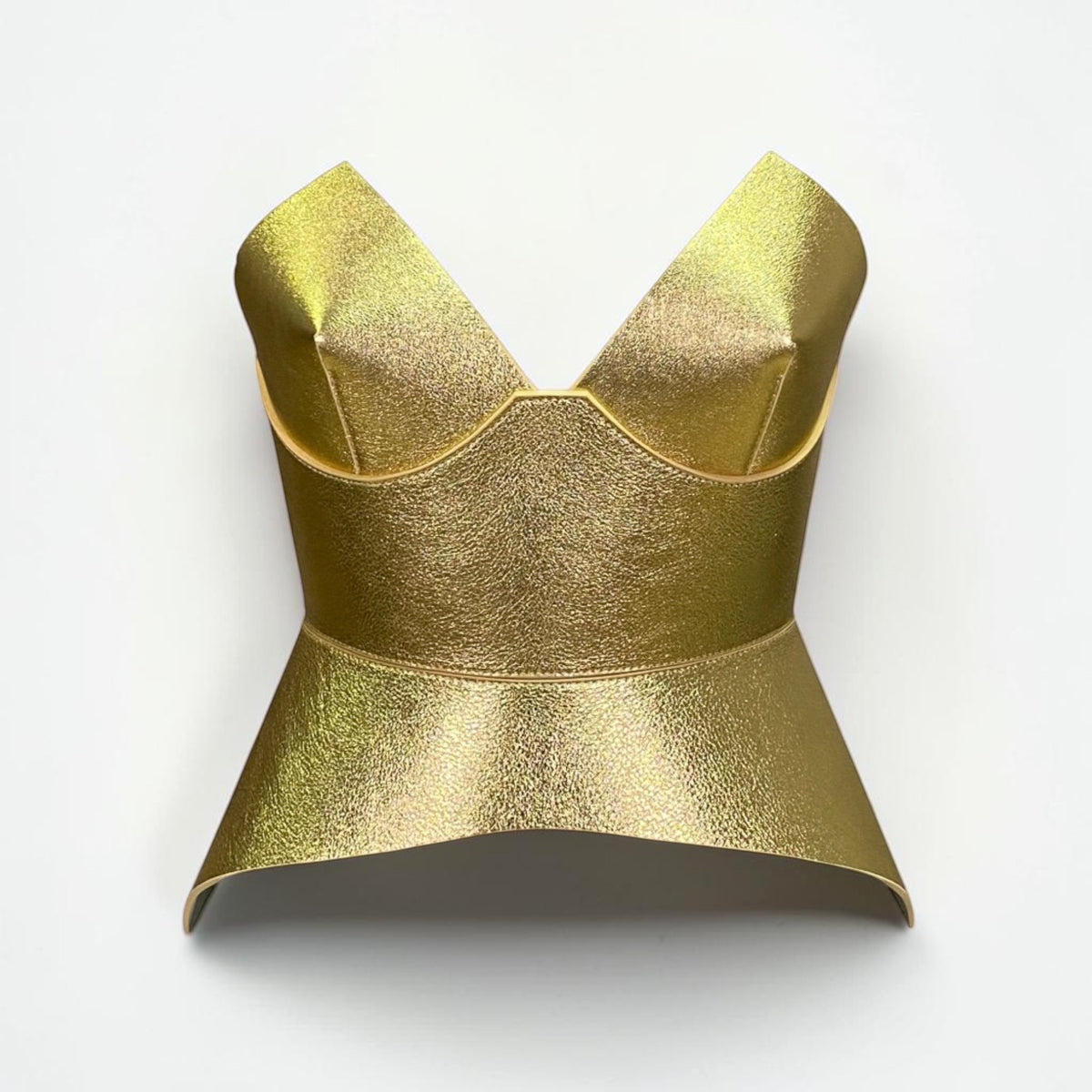 Aria Margo gold metallic leather full body corset belt with a structured, futuristic silhouette.