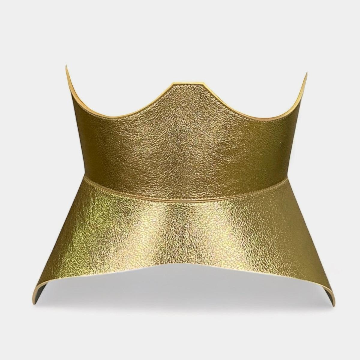 Aria Margo gold metallic Italian leather corset belt with a sculpted hourglass silhouette and textured finish.