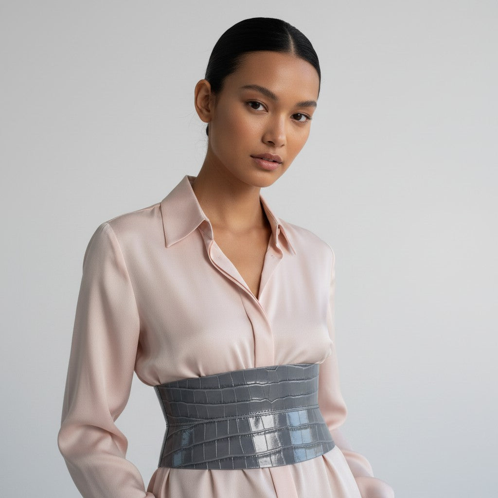 Aria Margo gray croc-embossed leather corset belt worn over a pale pink silk shirt for a defined waistline.