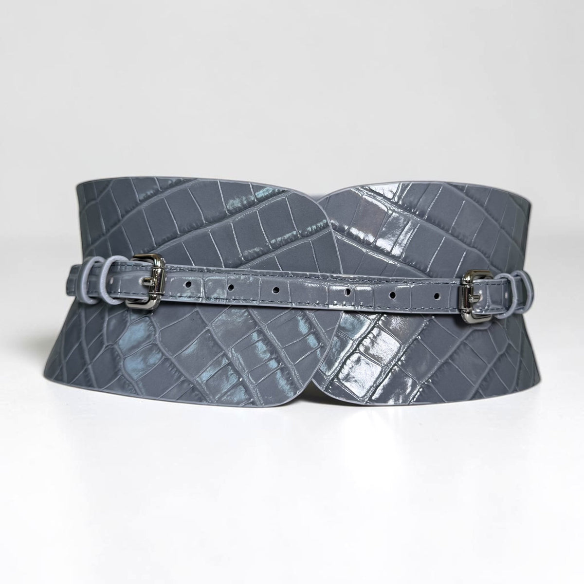 Aria Margo gray croc-embossed Italian leather corset belt with dual buckles for adjustable waist definition.