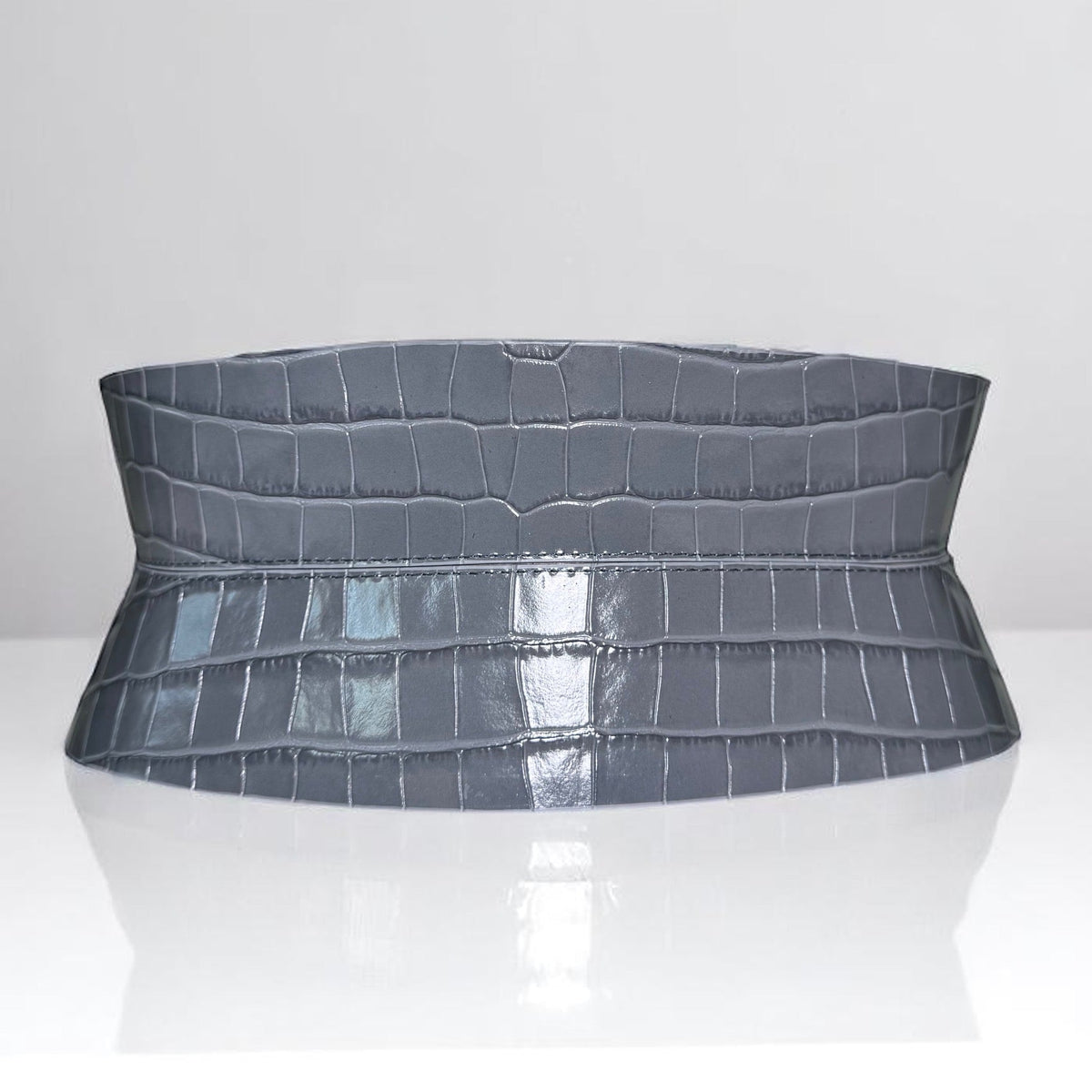 Aria Margo gray croc-embossed leather corset belt with a structured, waist-defining design.