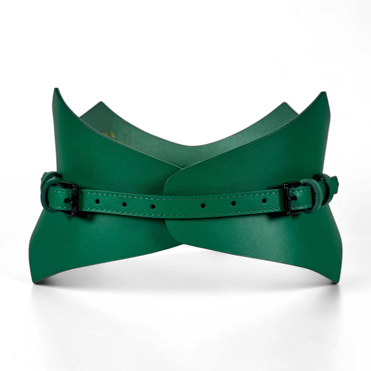 Aria Margo green Italian leather corset belt with pointed edges and dual black buckles for waist definition.
