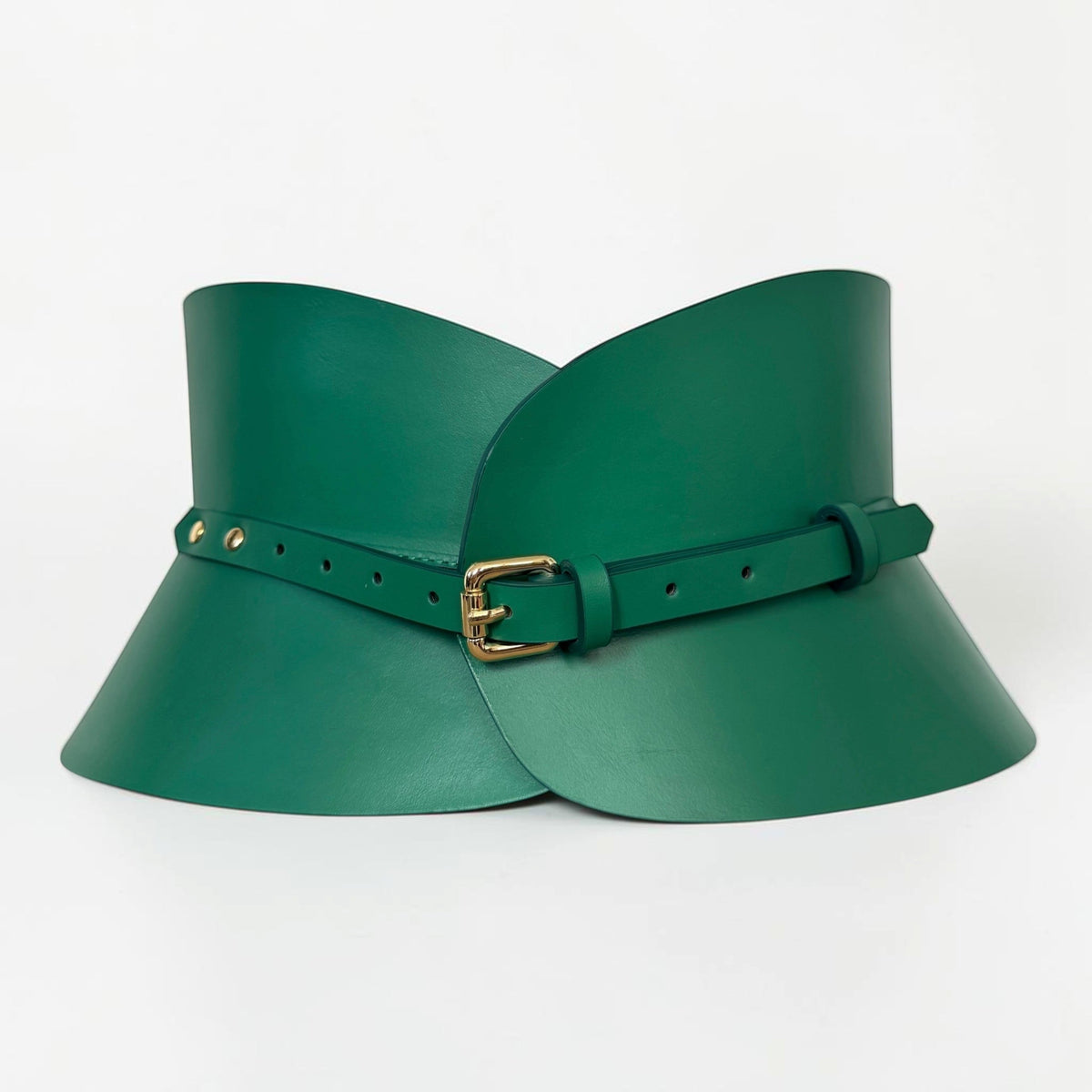 Aria Margo green Italian leather hourglass corset belt with a gold buckle on a soft white background.
