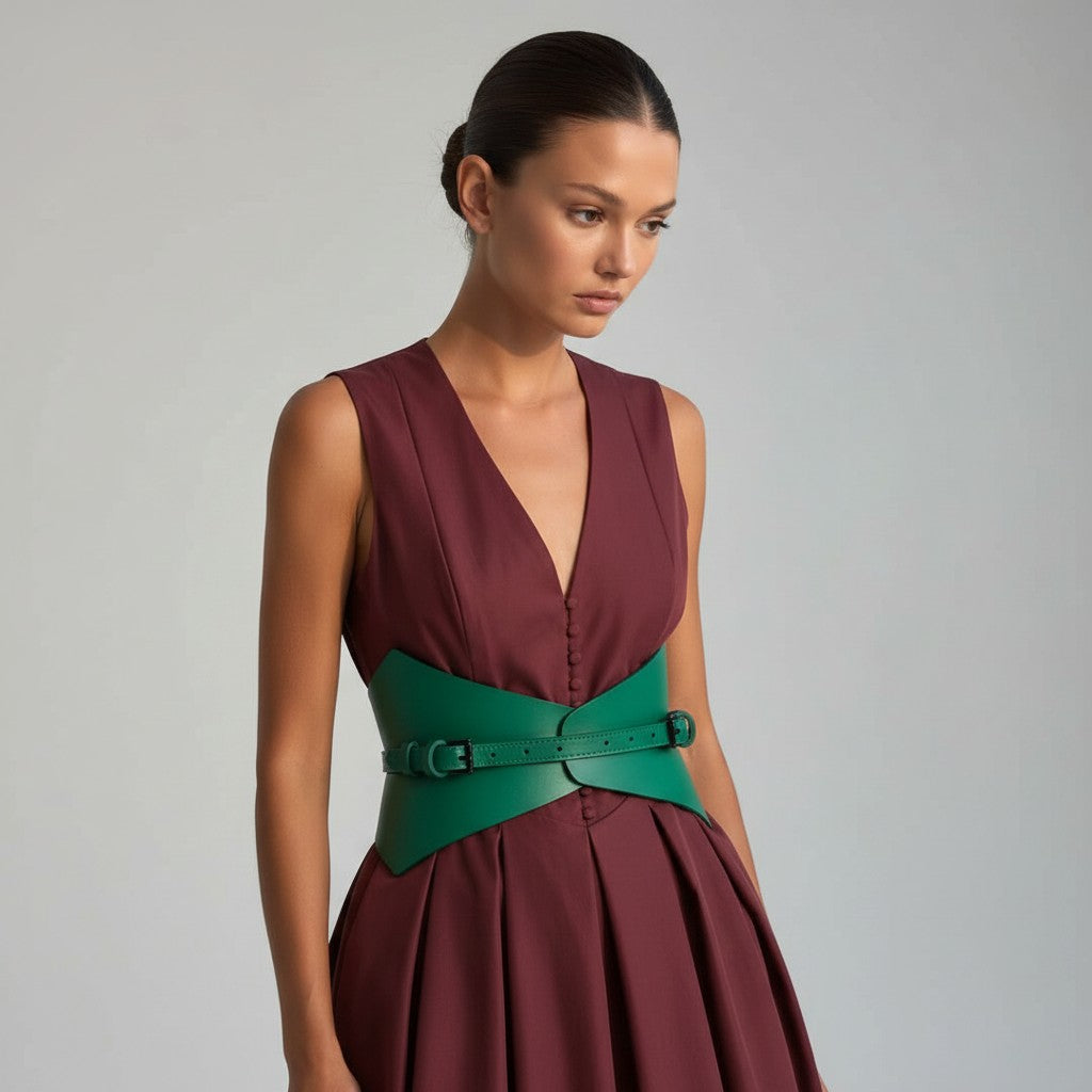 Aria Margo green Italian leather corset belt with pointed lines worn over a deep burgundy dress