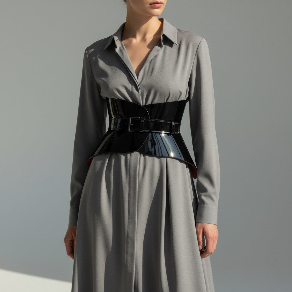 Aria Margo Hallo black patent leather corset belt worn over a grey long-sleeve dress to define the waist.