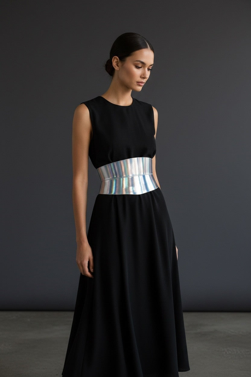 Aria Margo Eclipse mini corset belt in holographic silver leather worn over a simple black dress
