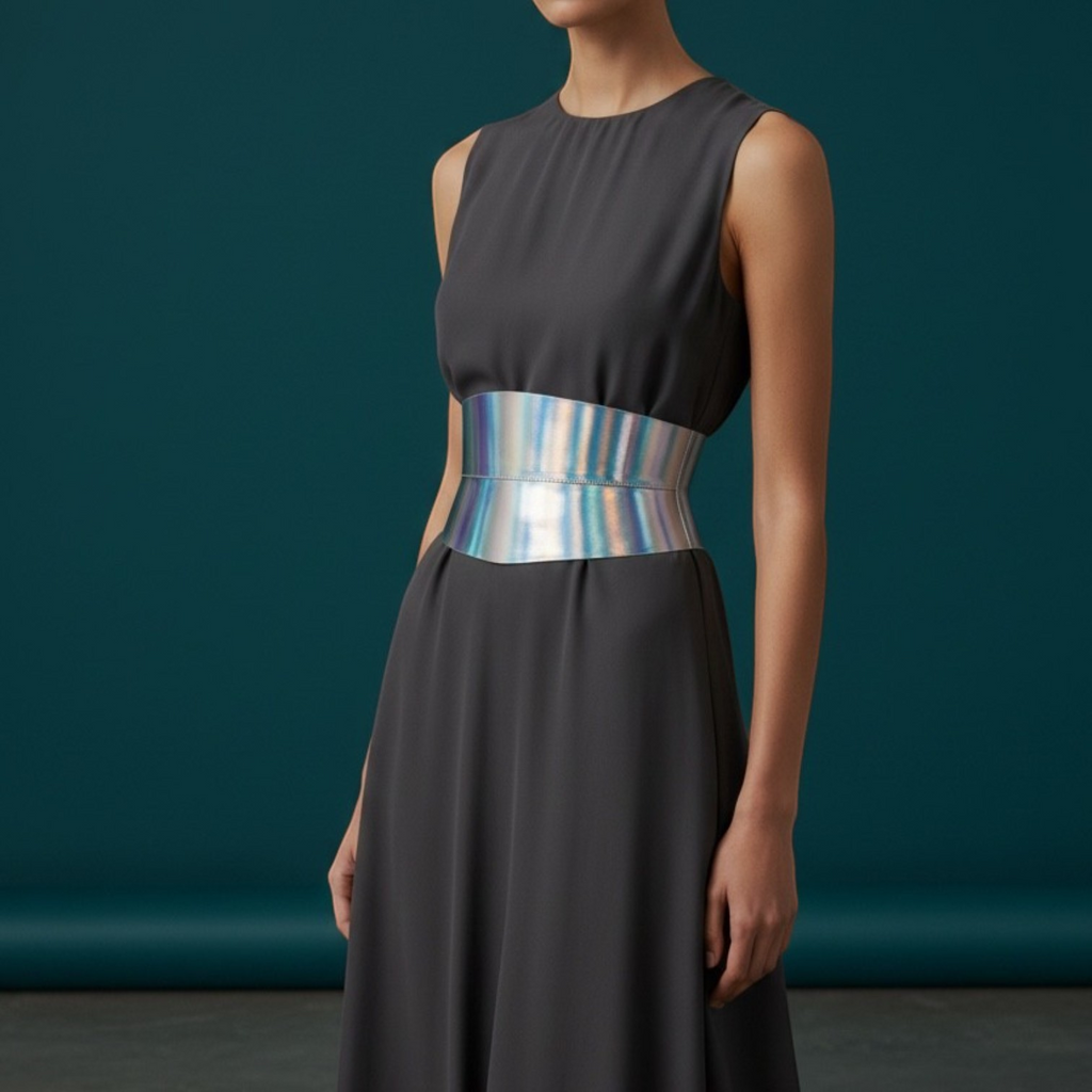 Aria Margo Eclipse Mini corset belt in holographic silver leather worn over a charcoal grey sleeveless dress.
