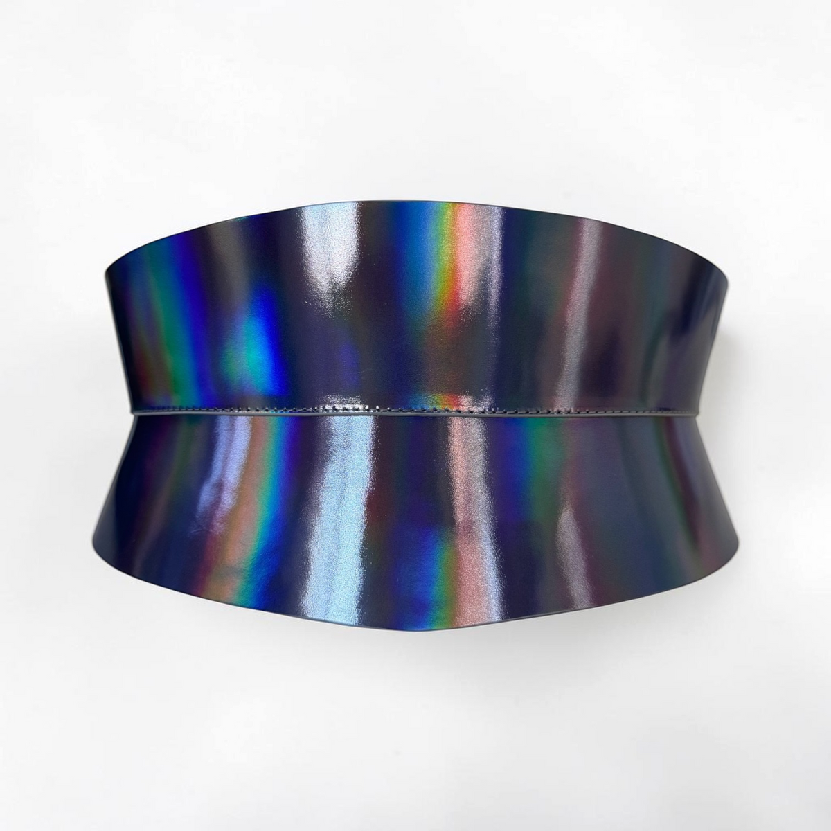 Aria Margo Eclipse mini corset belt in holographic silver Italian leather with a curved, light-reflecting finish.