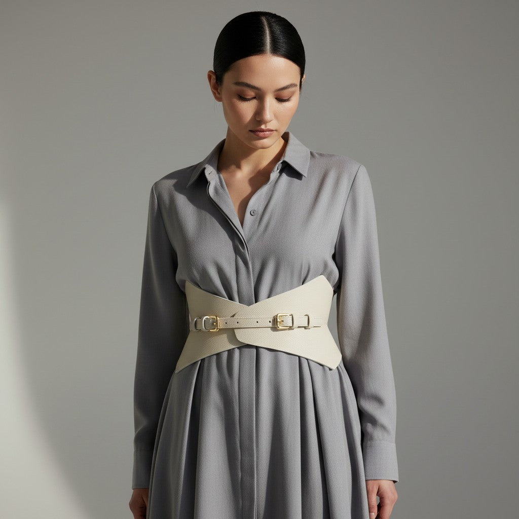 Aria Margo ivory leather corset belt worn over a grey shirt dress, featuring pointed lines and gold buckles.