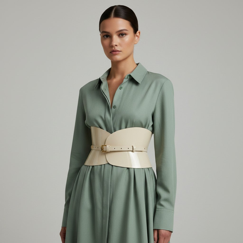 Aria Margo ivory patent leather hourglass corset belt worn over a sage green shirt dress for a defined waist