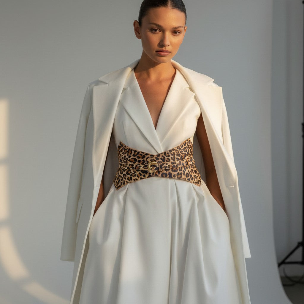 Aria Margo Thorns leather corset belt in leopard print worn over a white dress and blazer for a defined waist