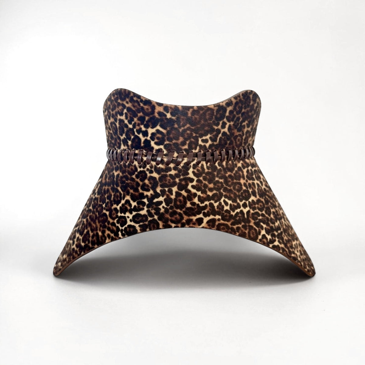 Aria Margo Nova leather corset belt in leopard print pony hair with hand-worked lacing detail.