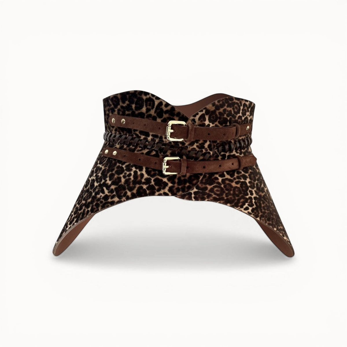 Aria Margo Nova corset belt in leopard print pony-hair leather with adjustable brown straps and gold buckles.