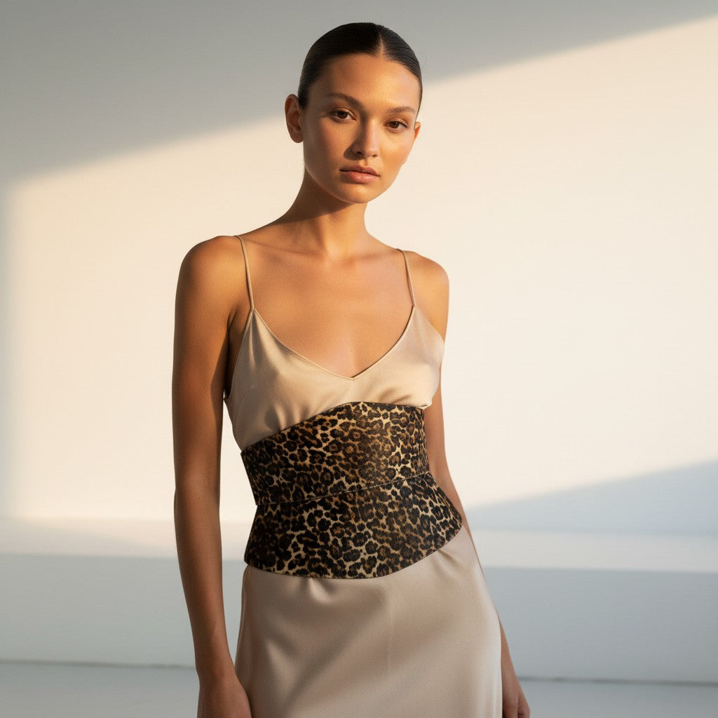 Aria Margo animal print pony hair leather corset belt worn over a beige satin slip dress by a model.