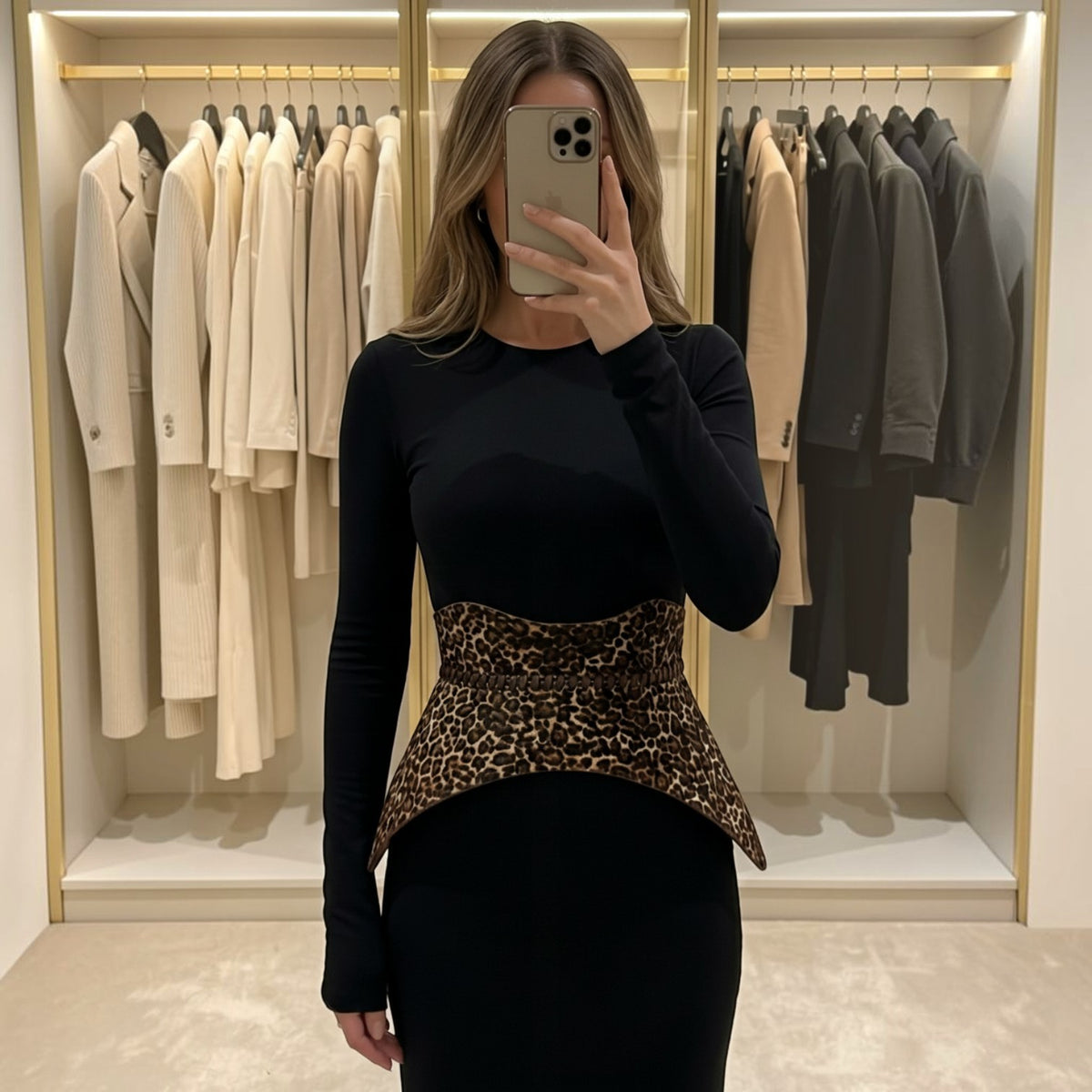Aria Margo Nova leather corset belt in leopard print pony hair, worn over a black long-sleeve dress.