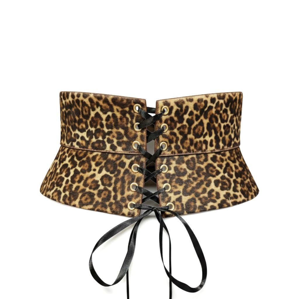 Aria Margo Eclipse leather corset belt in leopard print pony hair with black satin lace-up front closure.