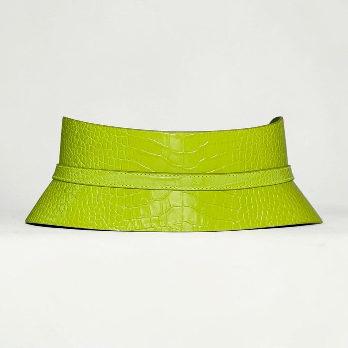 Aria Margo slim corset belt in lime green croc-embossed Italian leather with a structured waist-defining shape.