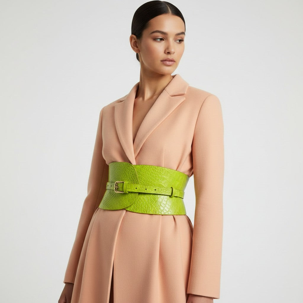 Aria Margo lime green croc-embossed leather corset belt worn over a peach blazer for a structured waist look.