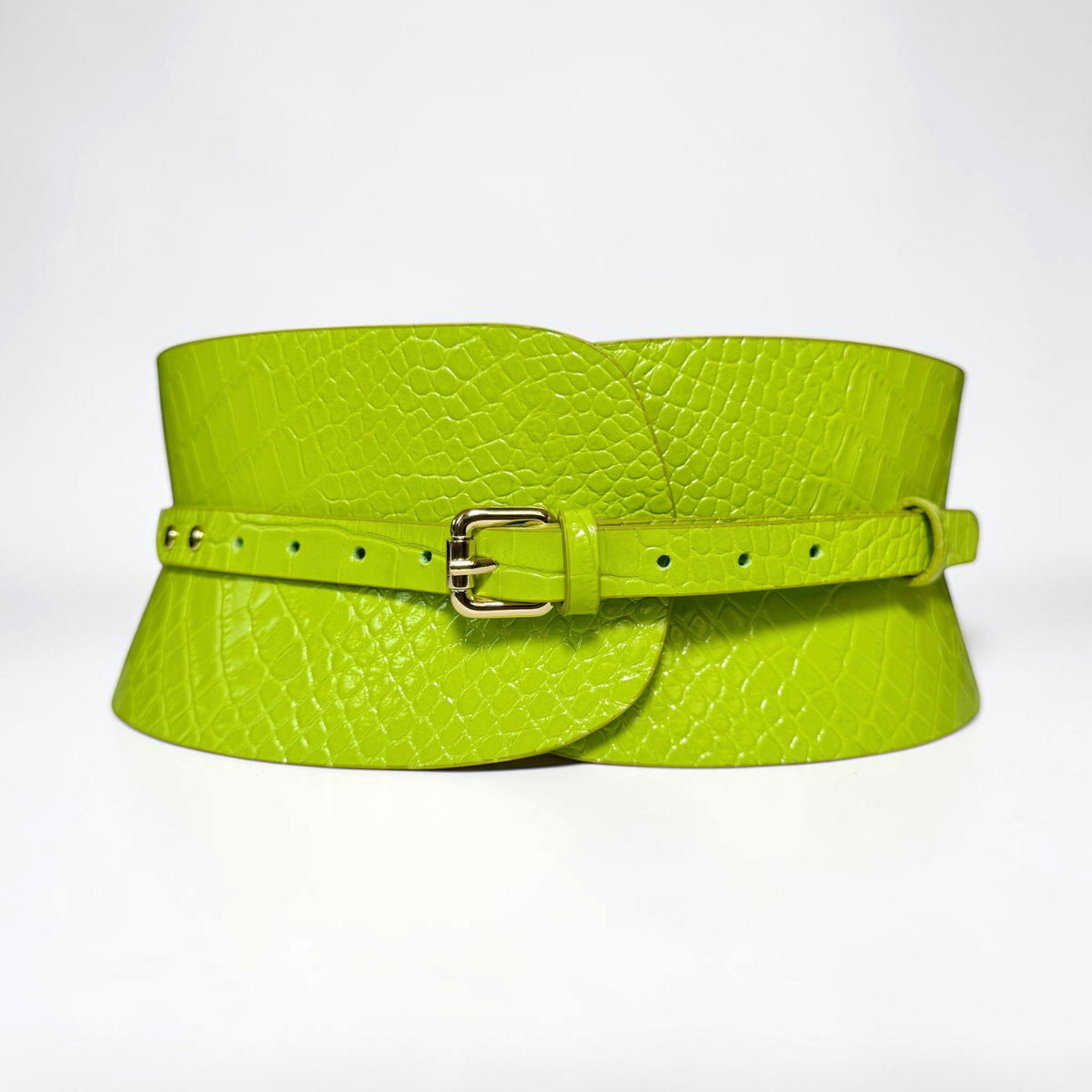 Aria Margo lime green croc-embossed Italian leather corset belt with a gold buckle and structured waist design.