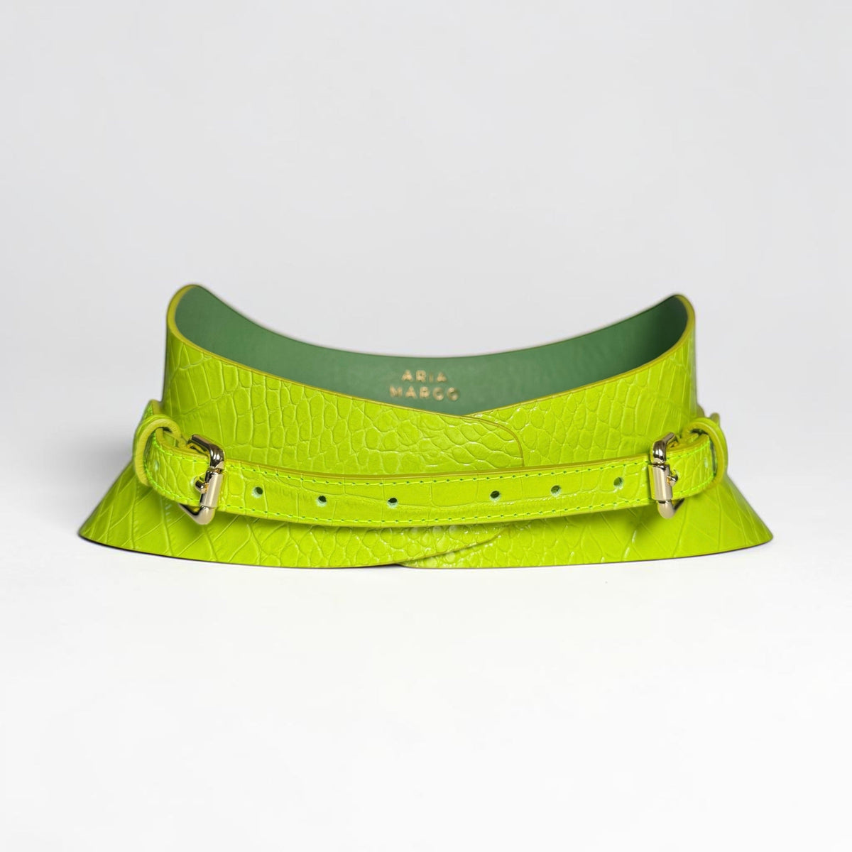 Aria Margo lime green croc-embossed Italian leather slim corset belt with a structured design and buckle detail.