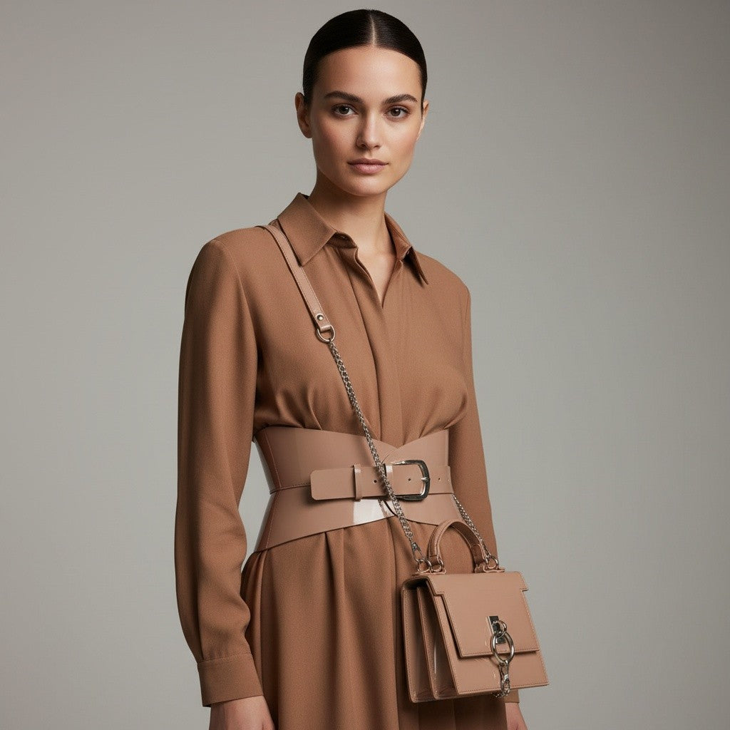 Aria Margo mocha patent leather hourglass corset belt worn over a matching brown dress with a small handbag.