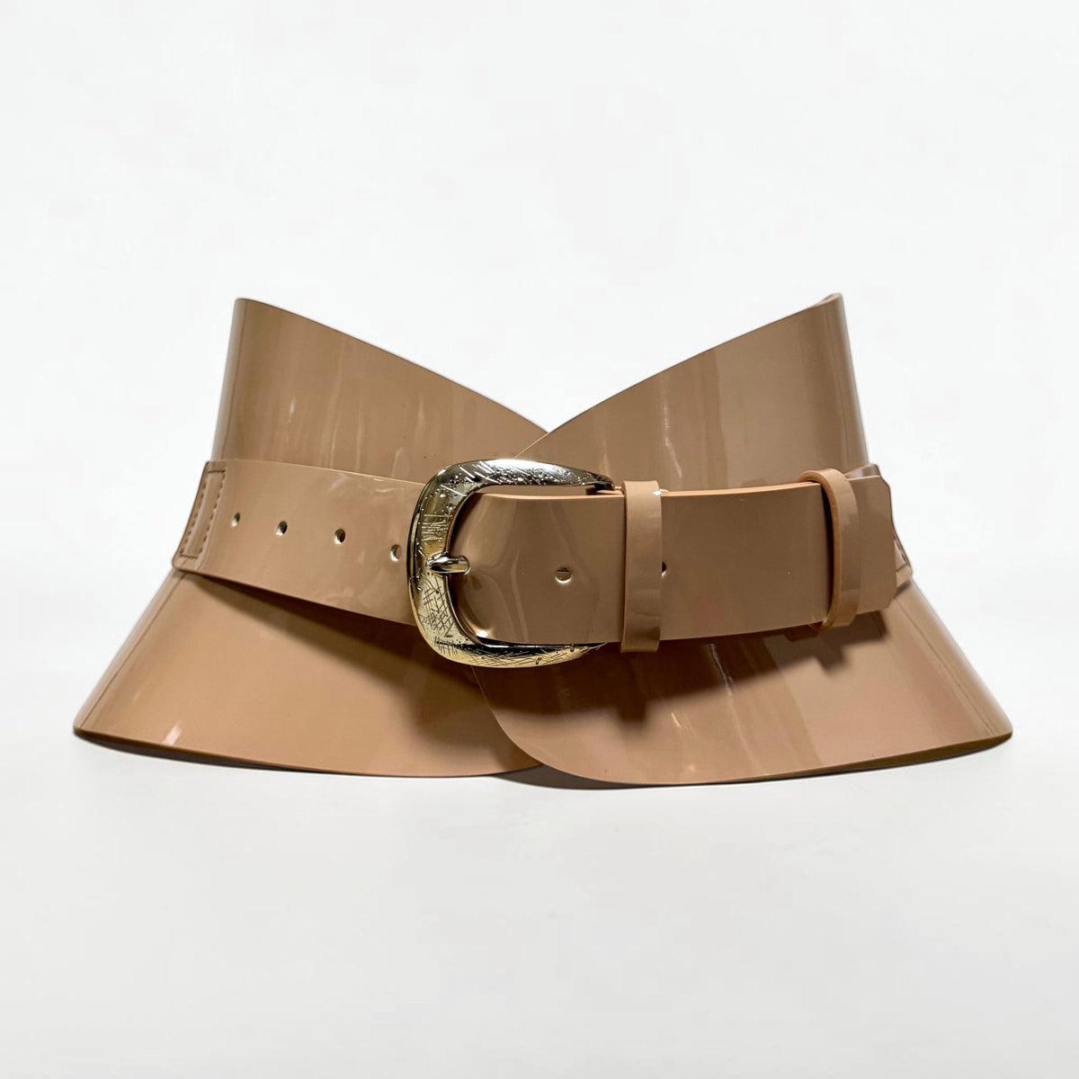 Aria Margo mocha patent leather hourglass corset belt with a gold buckle on a white display surface.