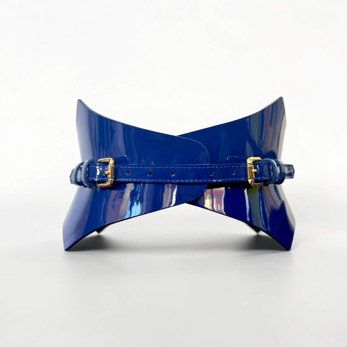 Aria Margo navy blue patent leather corset belt with a high-shine finish and gold-tone buckle details.