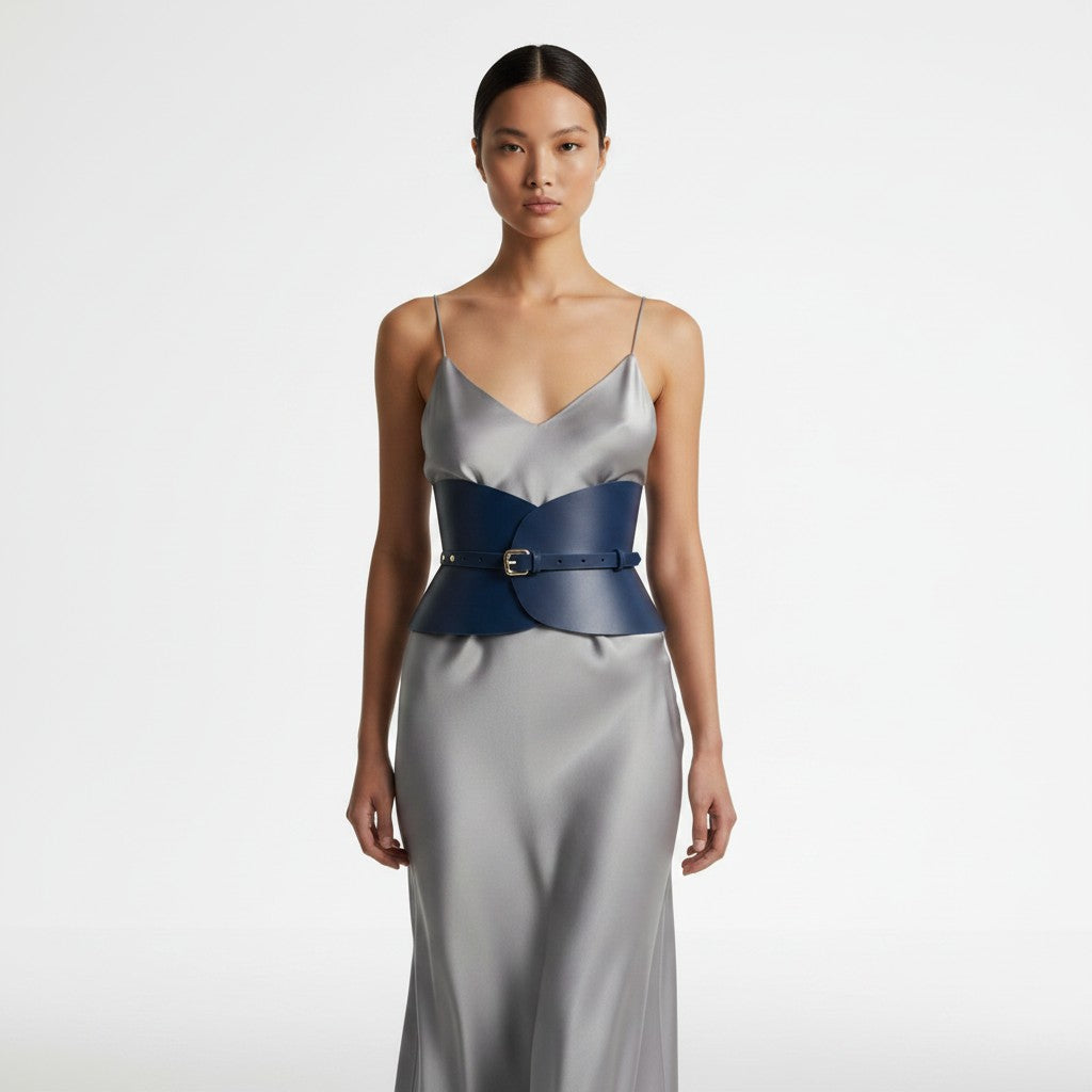 Aria Margo navy blue leather hourglass corset belt worn over a silver satin slip dress by a model.