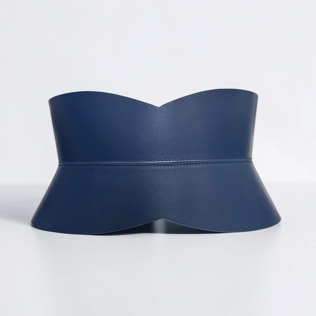 Aria Margo navy blue Italian leather hourglass corset belt with a structured waist-defining silhouette.
