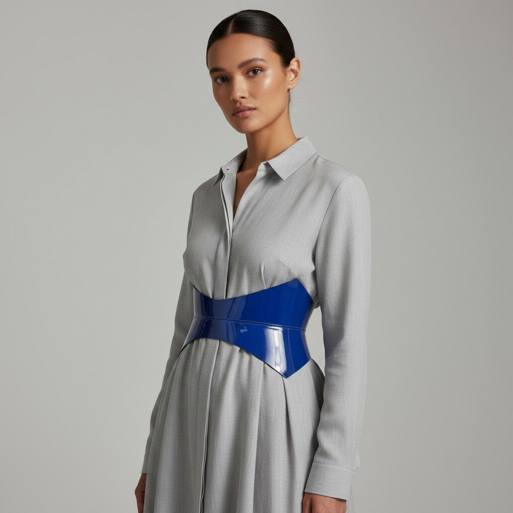 Aria Margo navy blue patent leather Thorns corset belt worn over a grey button-down dress