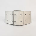 Aria Margo wide off-white Italian leather military coat belt with a silver-tone double-prong buckle on a mannequin