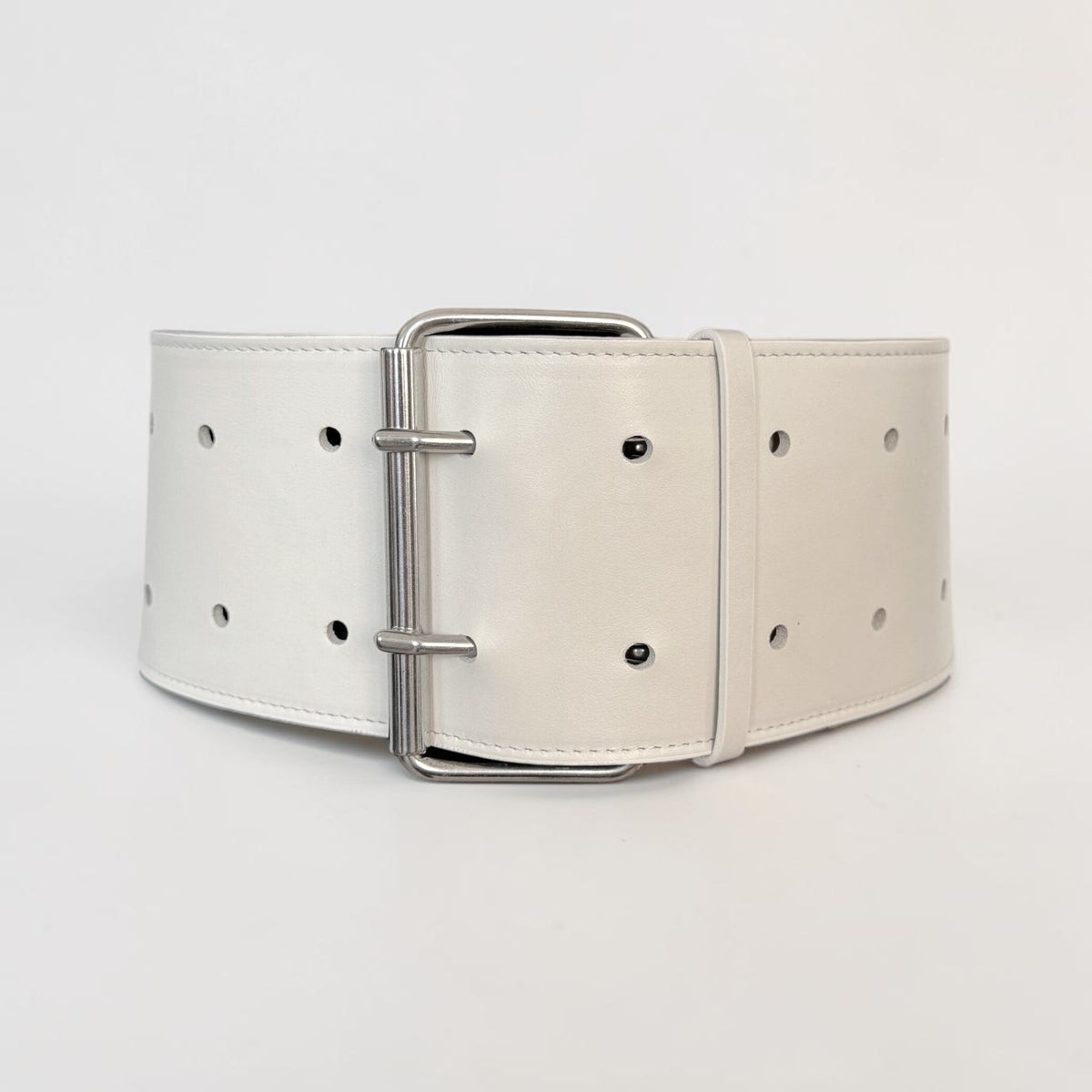 Aria Margo wide off-white Italian leather military coat belt with a silver-tone double-prong buckle on a mannequin
