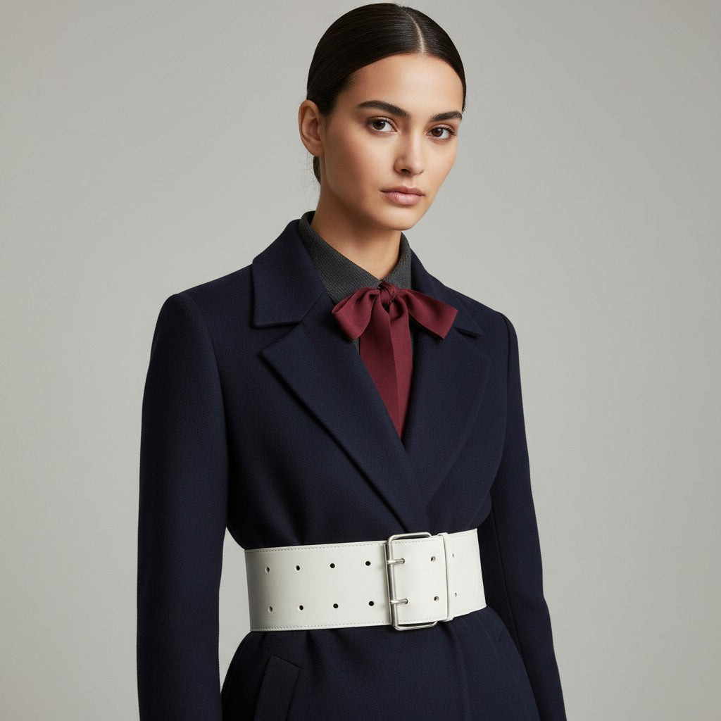 Aria Margo off-white leather wide coat belt with silver double-prong buckle worn over a navy blue coat