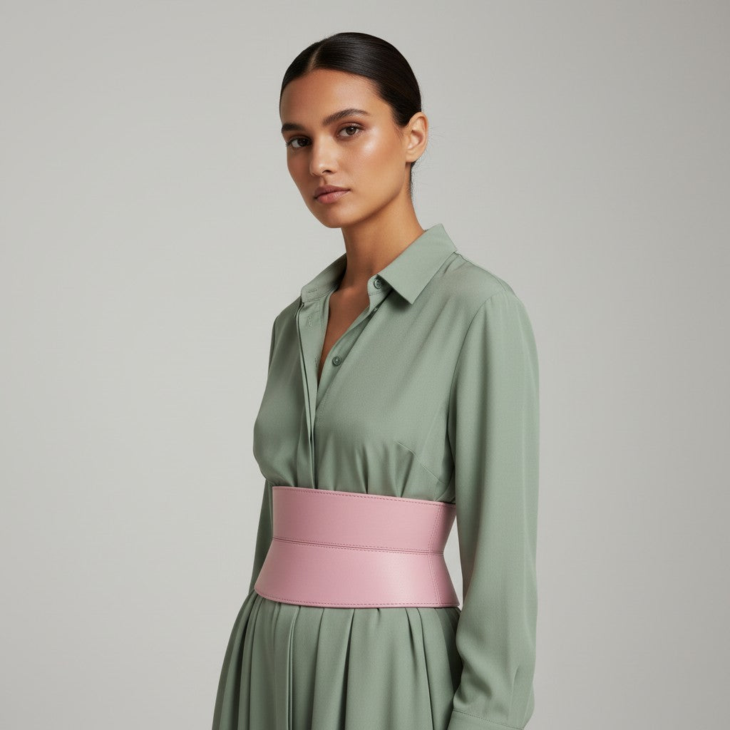 Aria Margo pale pink Italian leather corset belt worn over a sage green button-down dress on a model