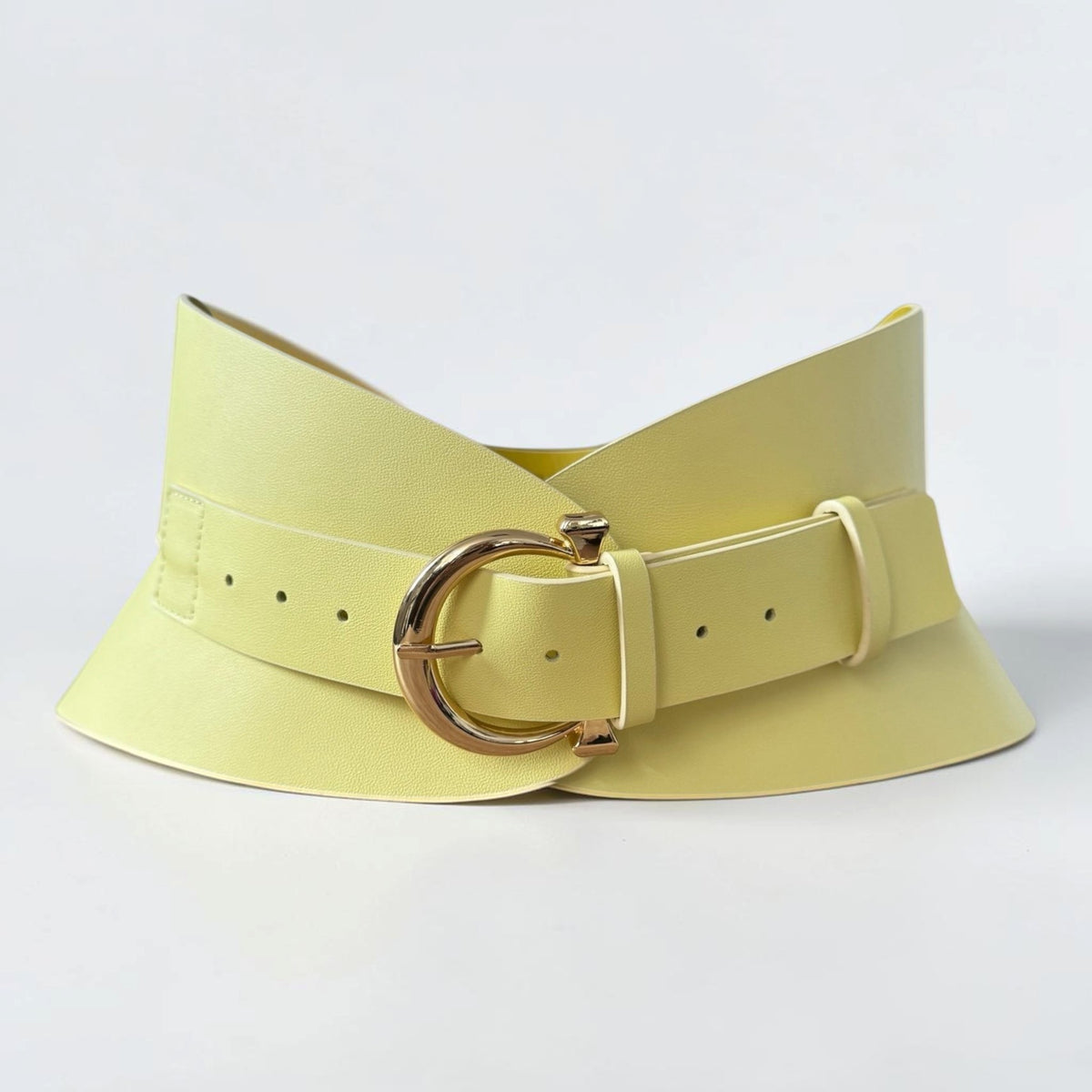 Aria Margo pale yellow Italian leather corset belt with a gold buckle in an hourglass silhouette
