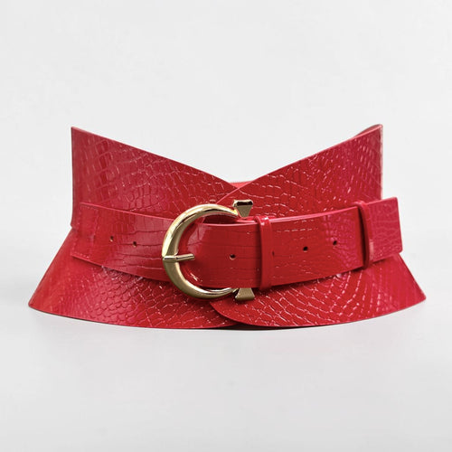 Aria Margo red croc-embossed leather corset belt with an hourglass silhouette and a gold-tone buckle.
