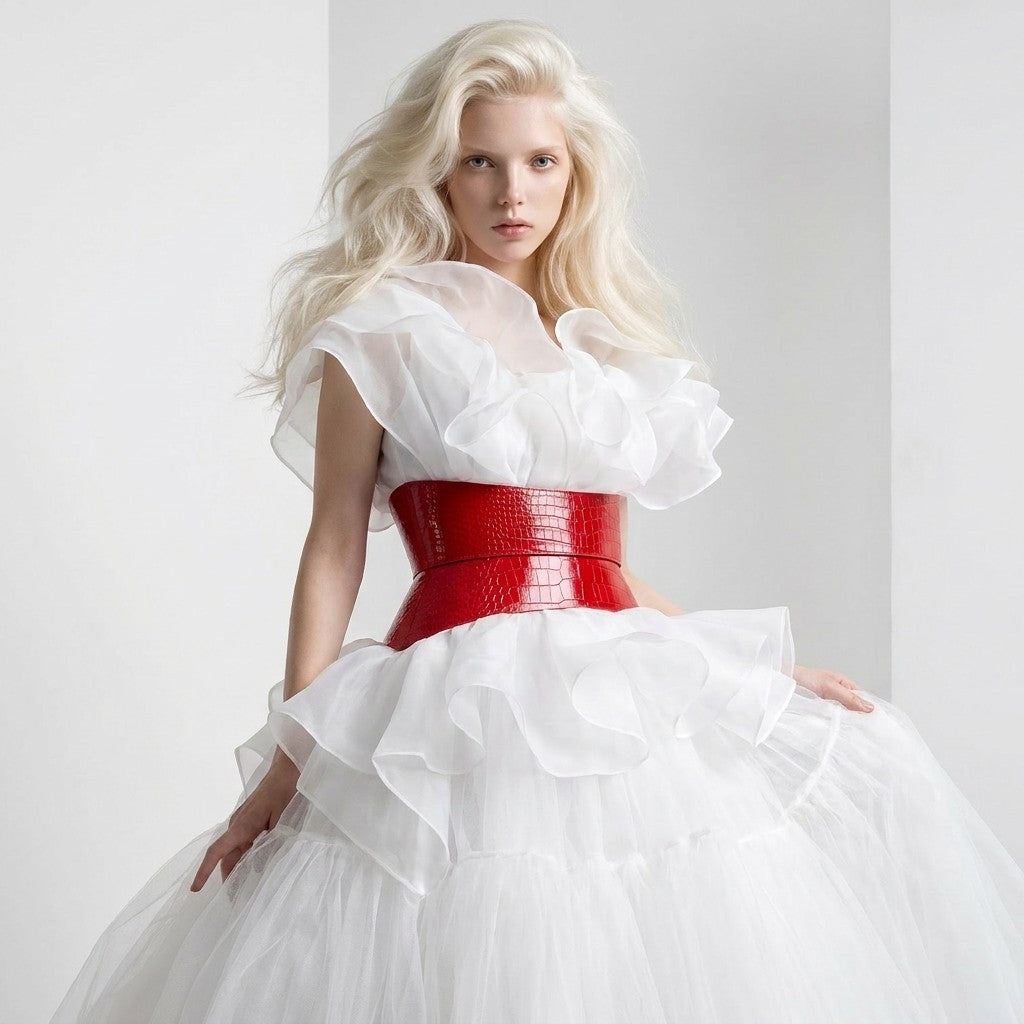 Aria Margo red croc-embossed leather corset belt worn over a white ruffled dress by a blonde model