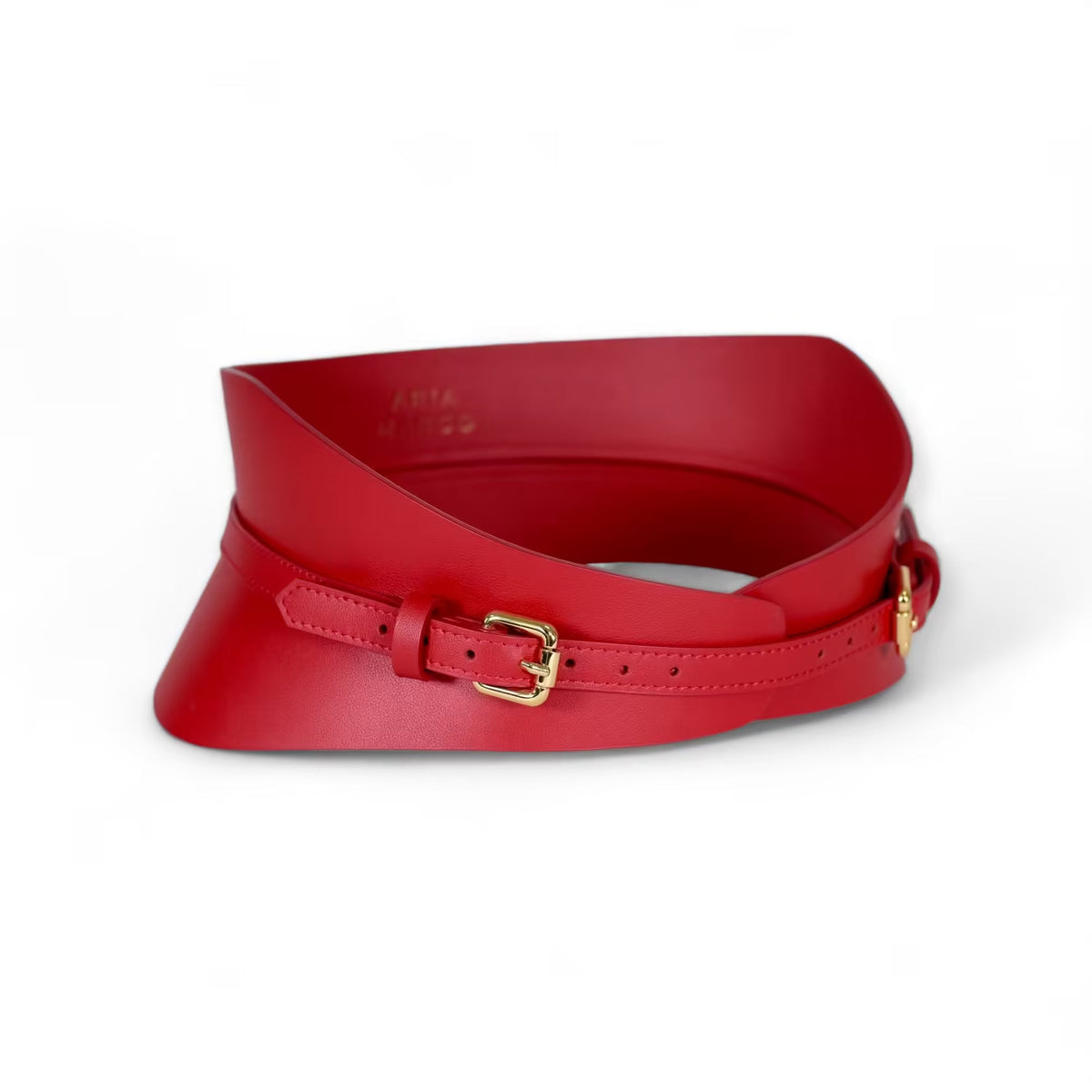 Aria Margo slim red Italian leather corset belt with a gold buckle, designed for a structured waist fit.