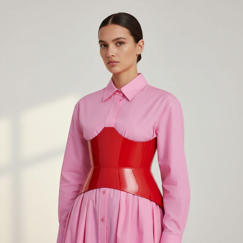 Aria Margo red patent leather corset belt worn over a light pink button-down shirt for a sculpted silhouette.