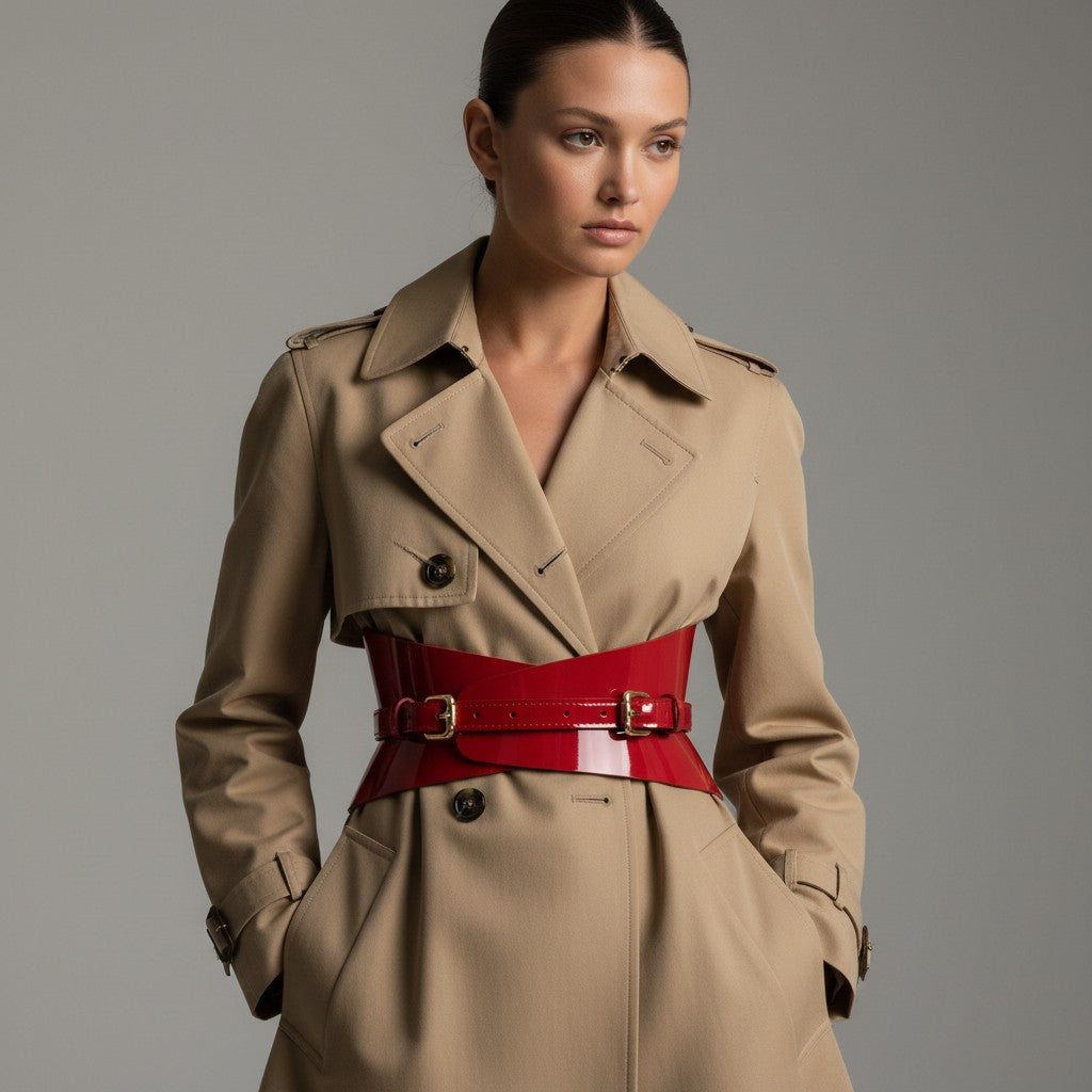 Aria Margo slim red patent leather corset belt worn over a beige trench coat, highlighting a structured waist.