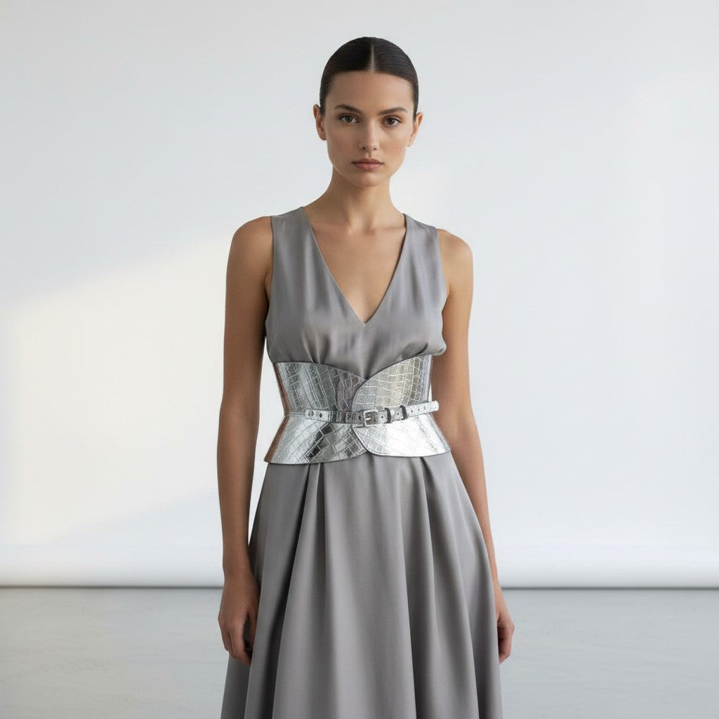 Aria Margo silver croc-embossed leather hourglass corset belt worn over a grey dress by a model