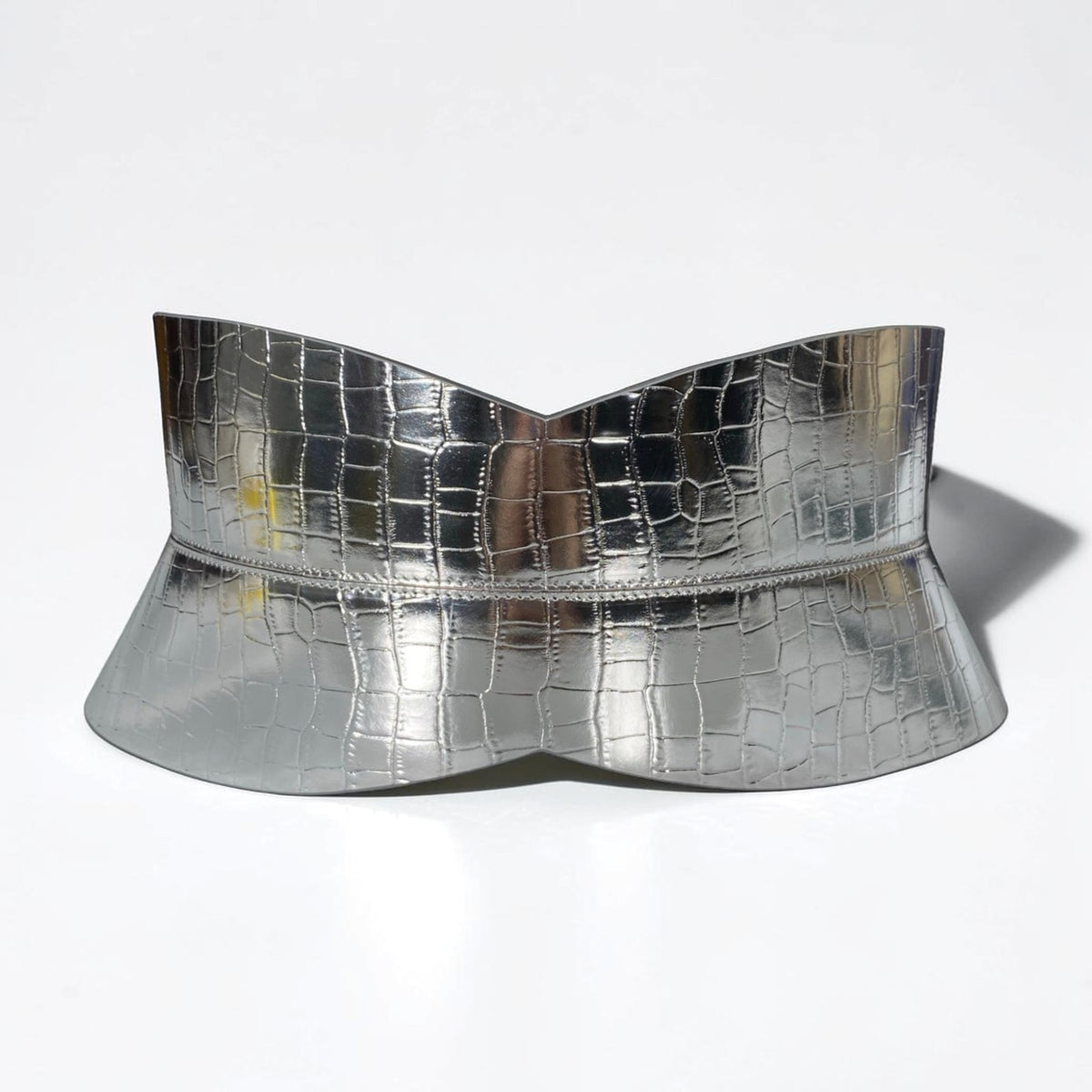 Aria Margo silver croc-embossed leather hourglass corset belt with a structured silhouette and textured finish.