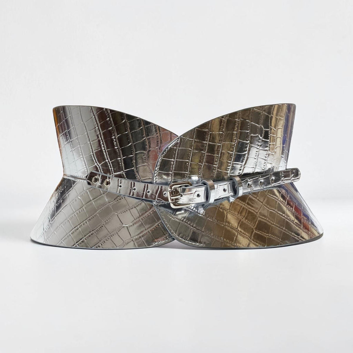 Aria Margo silver croc-embossed leather hourglass corset belt with a slim buckle and structured silhouette.