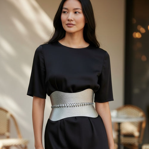 Aria Margo silver metallic leather corset belt with hand-laced detailing worn over a black dress